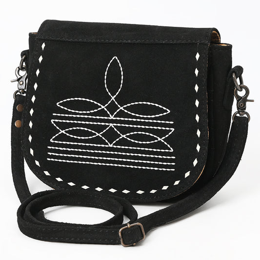 ADBG1622A Black Genuine suede Flap Crossbody Bag with White Southwestern Stitching