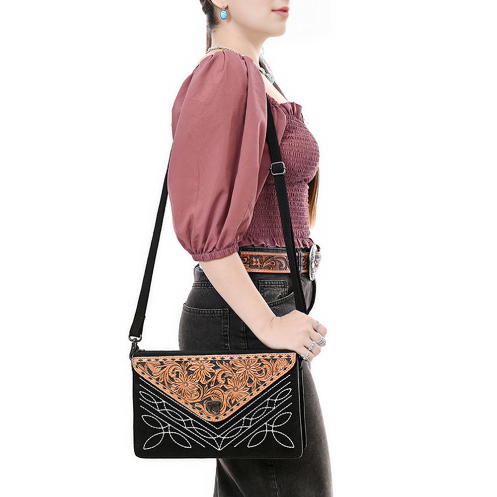 ADBG1623A Western Floral Tooled Leather Envelope Bag - Black Genuine suede Envelope by American Darling