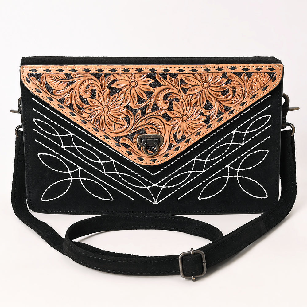 ADBG1623A Western Floral Tooled Leather Envelope Bag - Black Genuine suede Envelope by American Darling