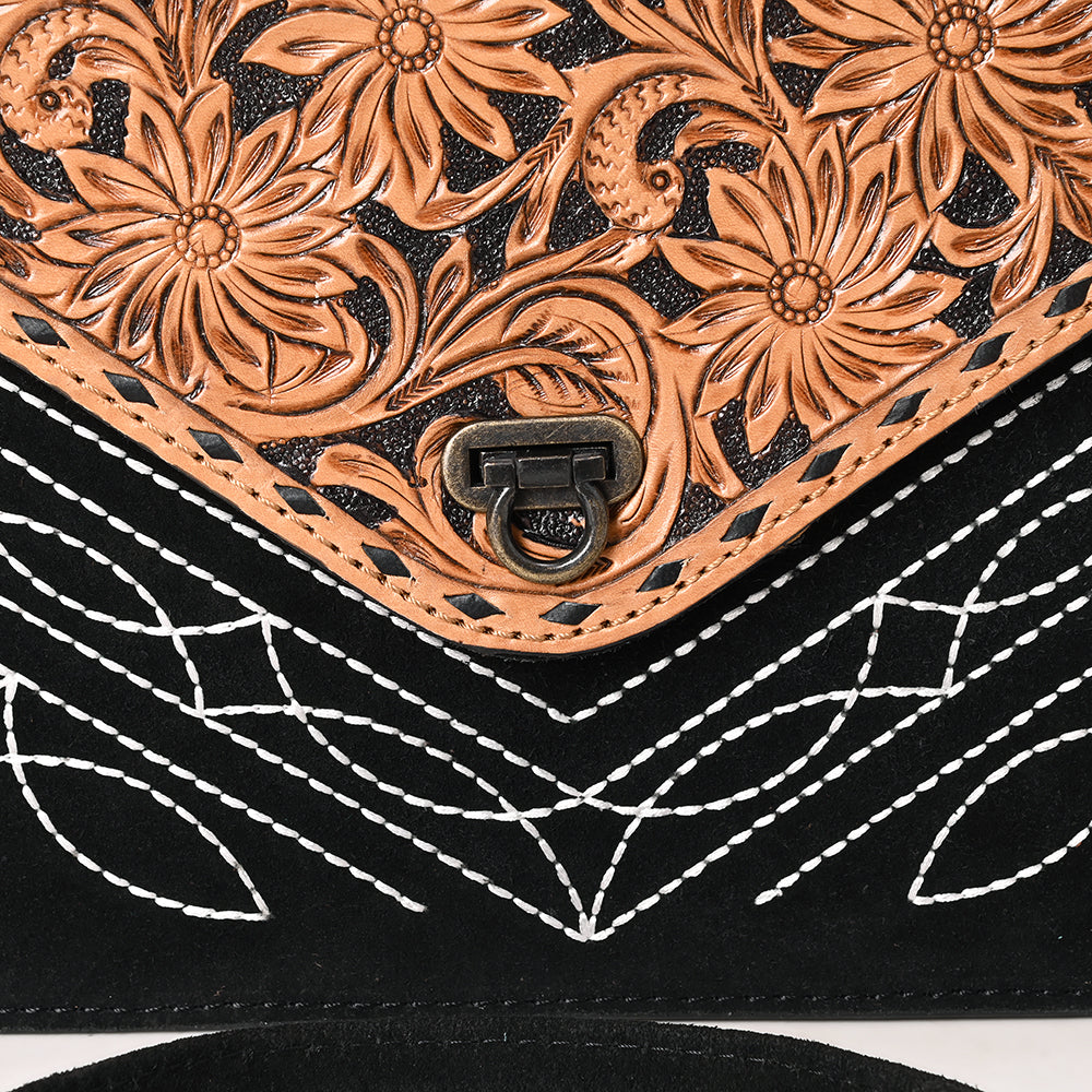 ADBG1623A Western Floral Tooled Leather Envelope Bag - Black Genuine suede Envelope by American Darling