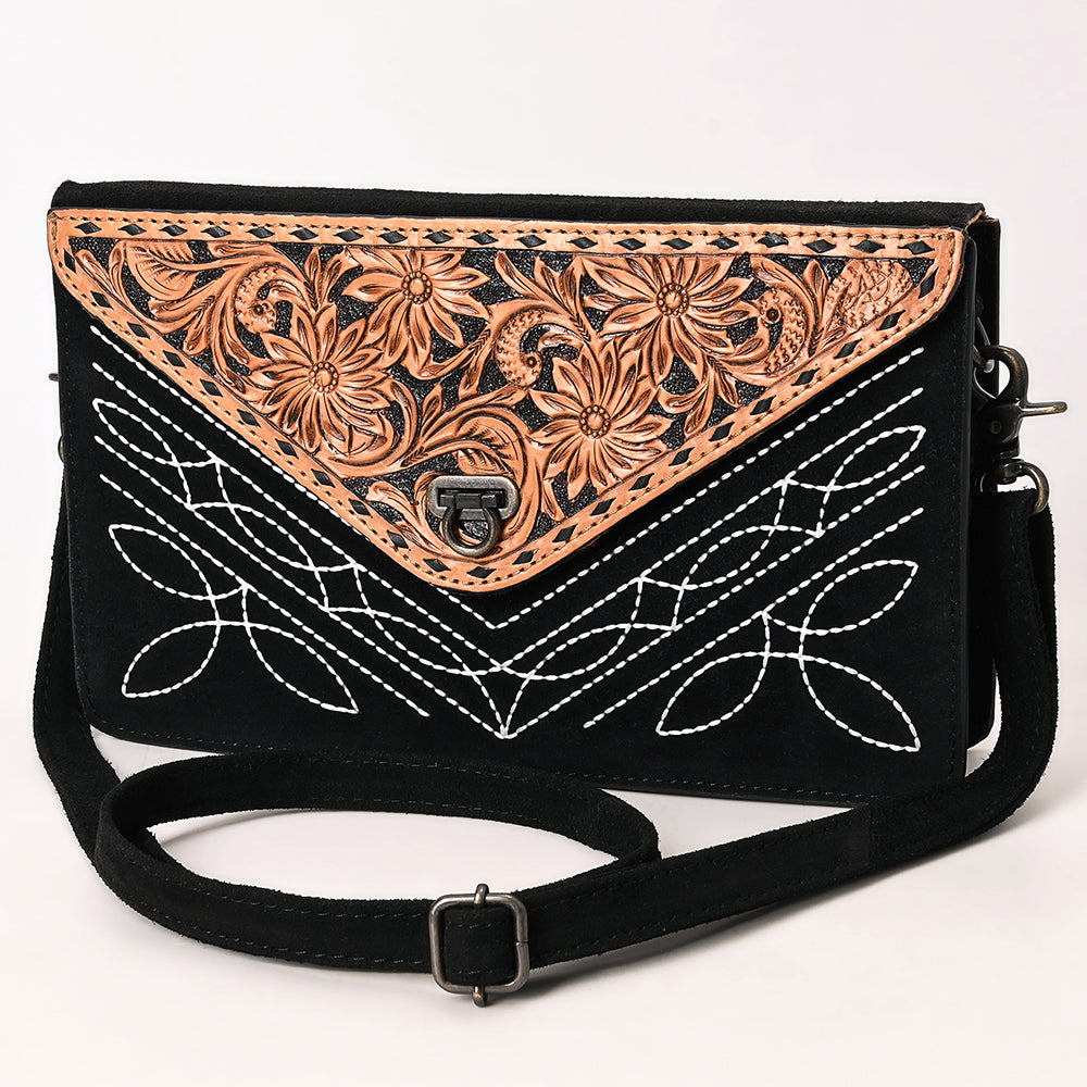 ADBG1623A Western Floral Tooled Leather Envelope Bag - Black Genuine suede Envelope by American Darling