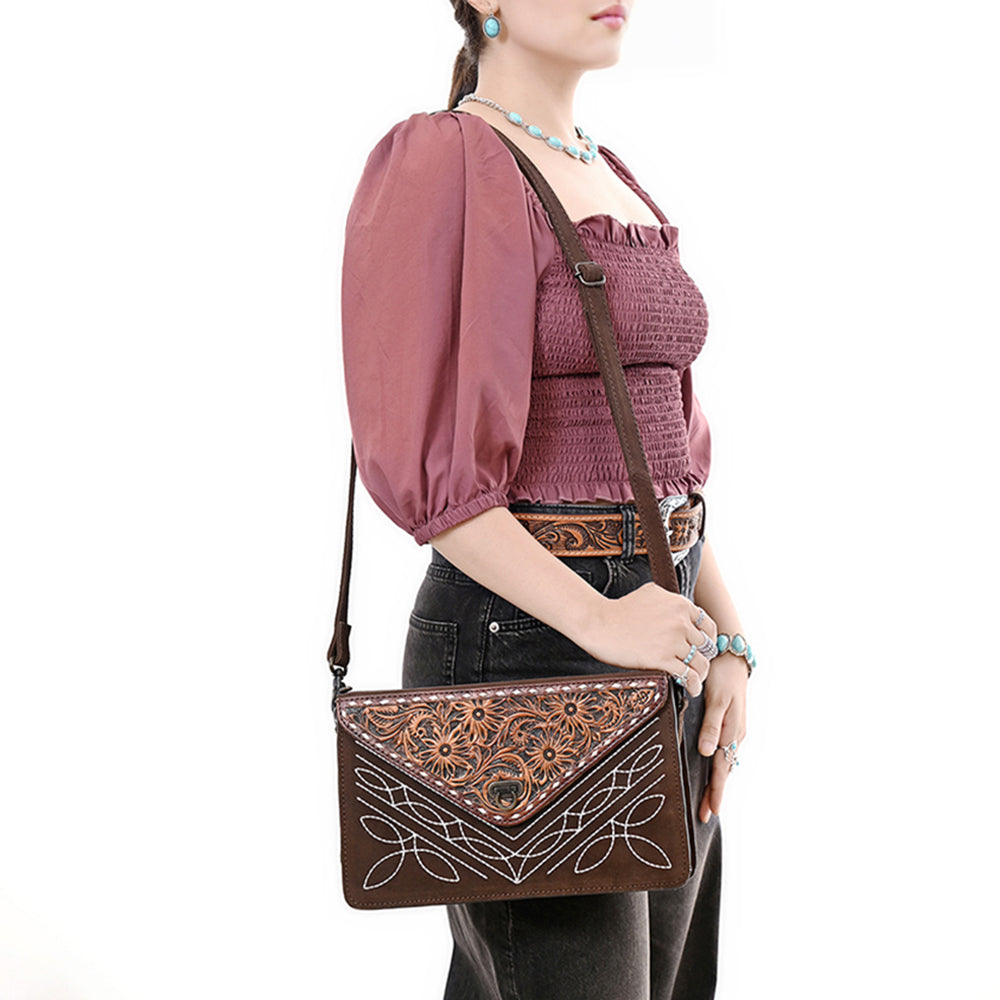 ADBG1623 Genuine suede Envelope Crossbody Bag with Floral Tooled Leather Flap & White Embroidery