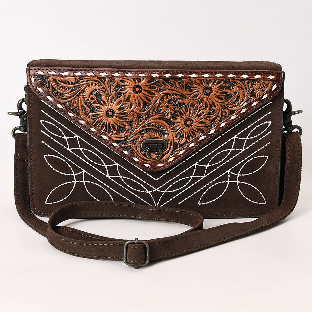 ADBG1623 Genuine suede Envelope Crossbody Bag with Floral Tooled Leather Flap & White Embroidery