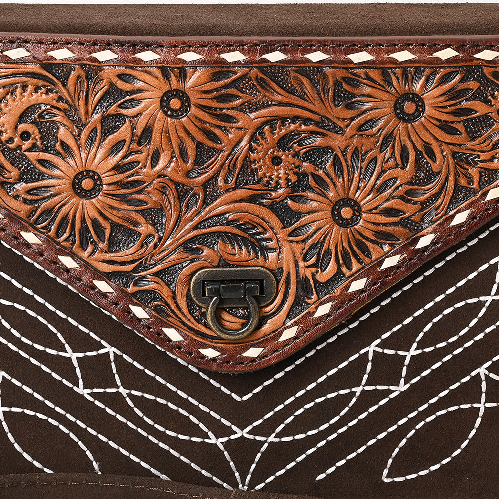 ADBG1623 Genuine suede Envelope Crossbody Bag with Floral Tooled Leather Flap & White Embroidery
