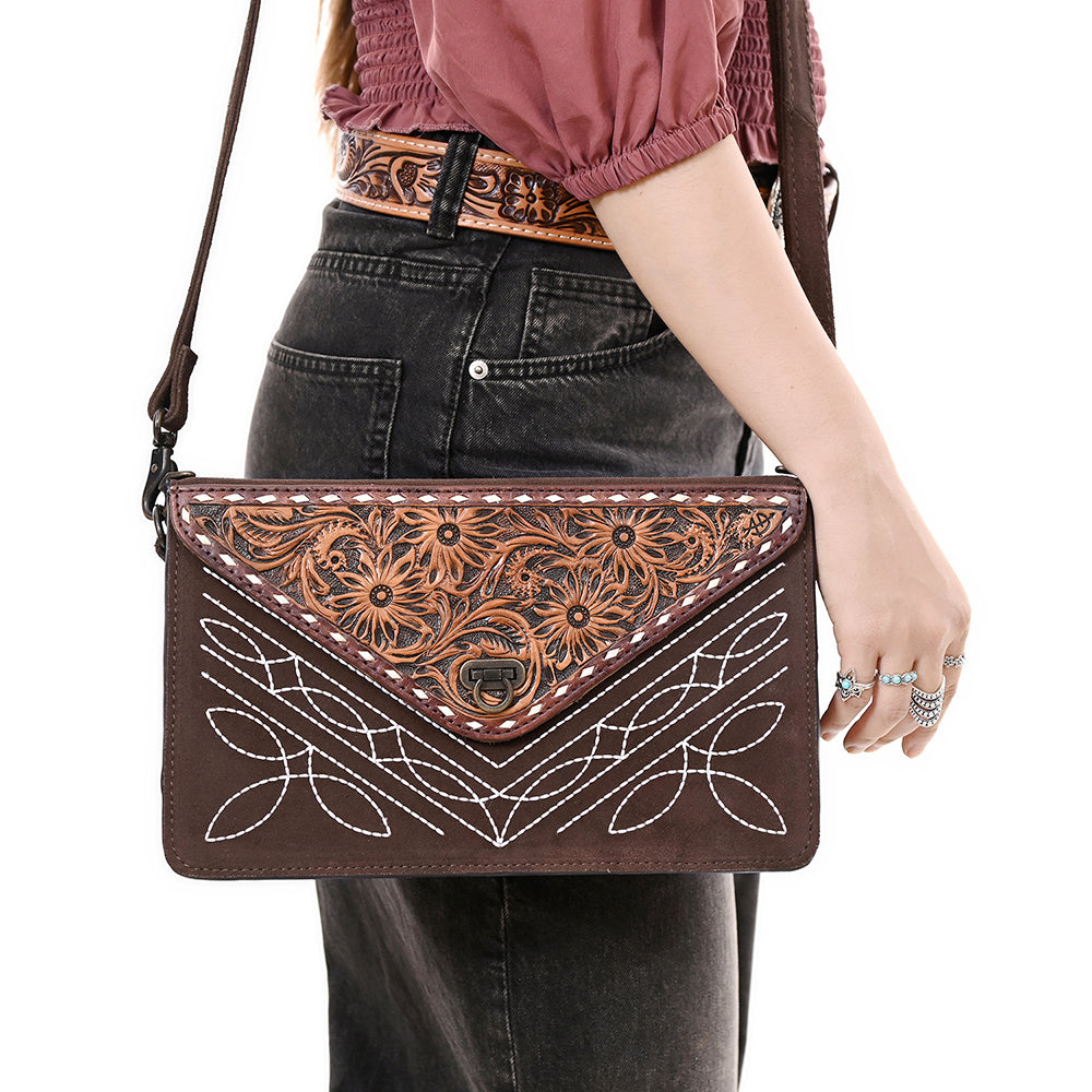 ADBG1623 Genuine suede Envelope Crossbody Bag with Floral Tooled Leather Flap & White Embroidery