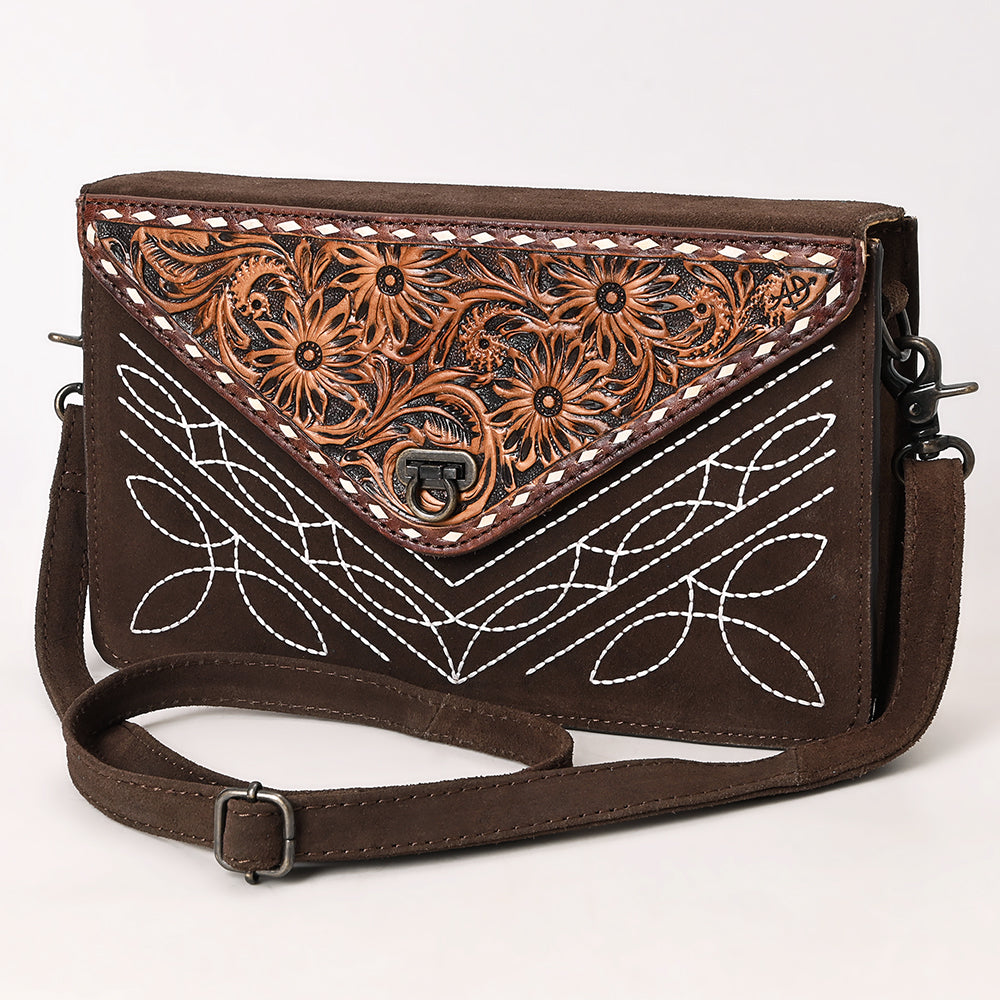 ADBG1623 Genuine suede Envelope Crossbody Bag with Floral Tooled Leather Flap & White Embroidery