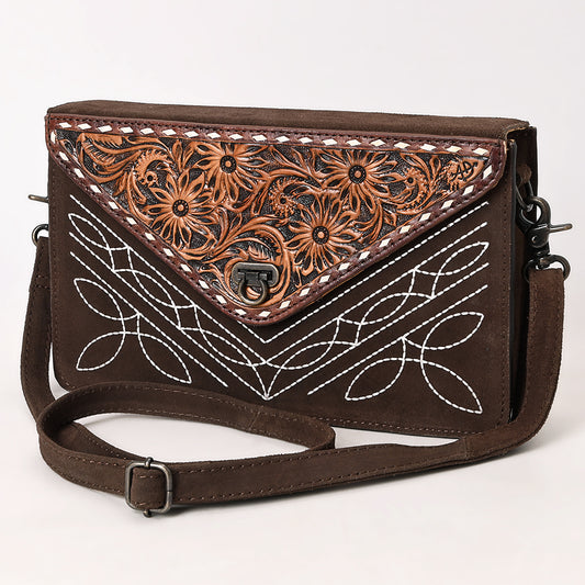 ADBG1623 Genuine suede Envelope Crossbody Bag with Floral Tooled Leather Flap & White Embroidery