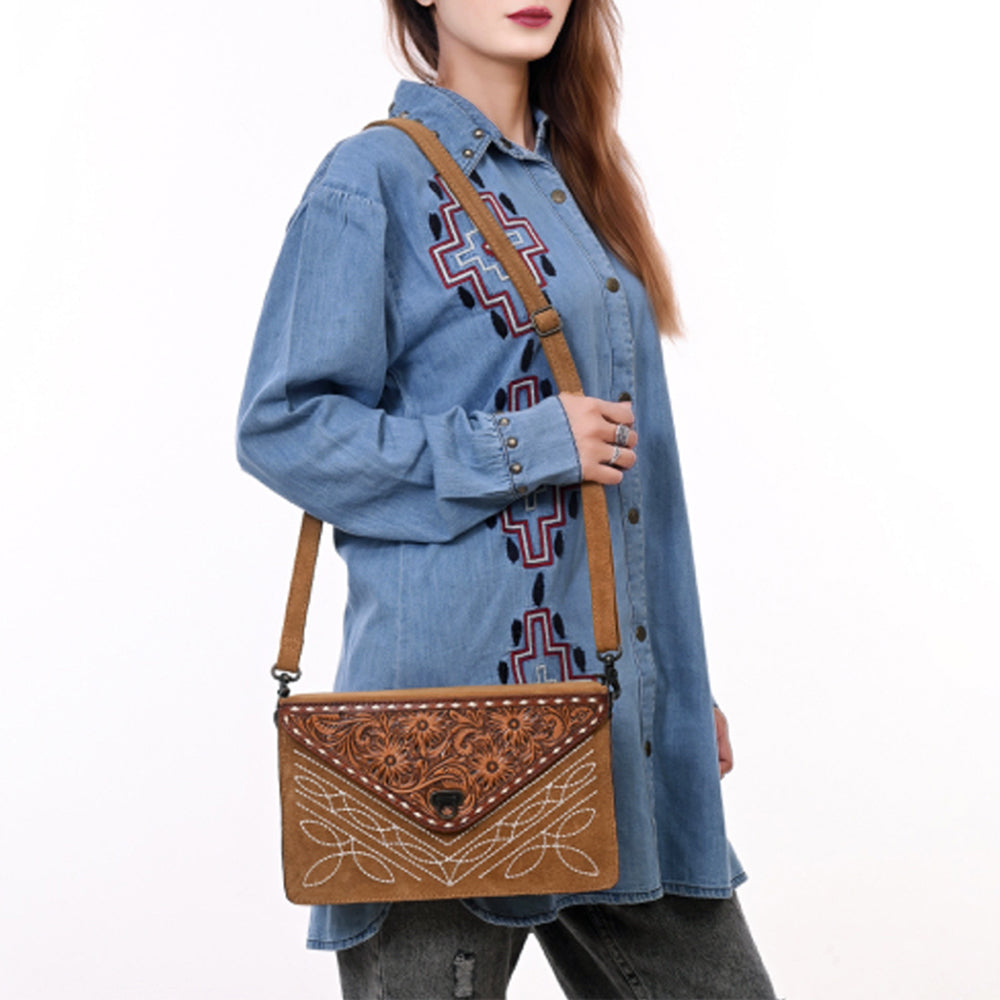 ADBG1623 Genuine suede Envelope Crossbody Bag with Floral Tooled Leather Flap & White Embroidery