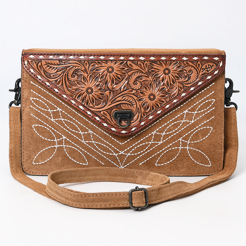 ADBG1623 Genuine suede Envelope Crossbody Bag with Floral Tooled Leather Flap & White Embroidery