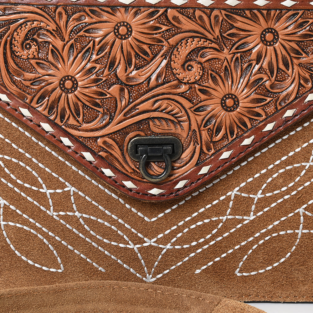 ADBG1623 Genuine suede Envelope Crossbody Bag with Floral Tooled Leather Flap & White Embroidery