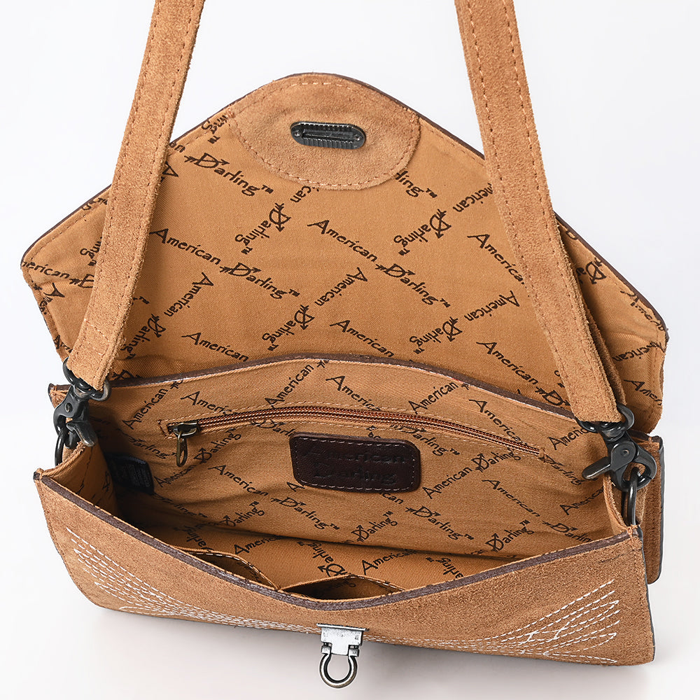 ADBG1623 Genuine suede Envelope Crossbody Bag with Floral Tooled Leather Flap & White Embroidery
