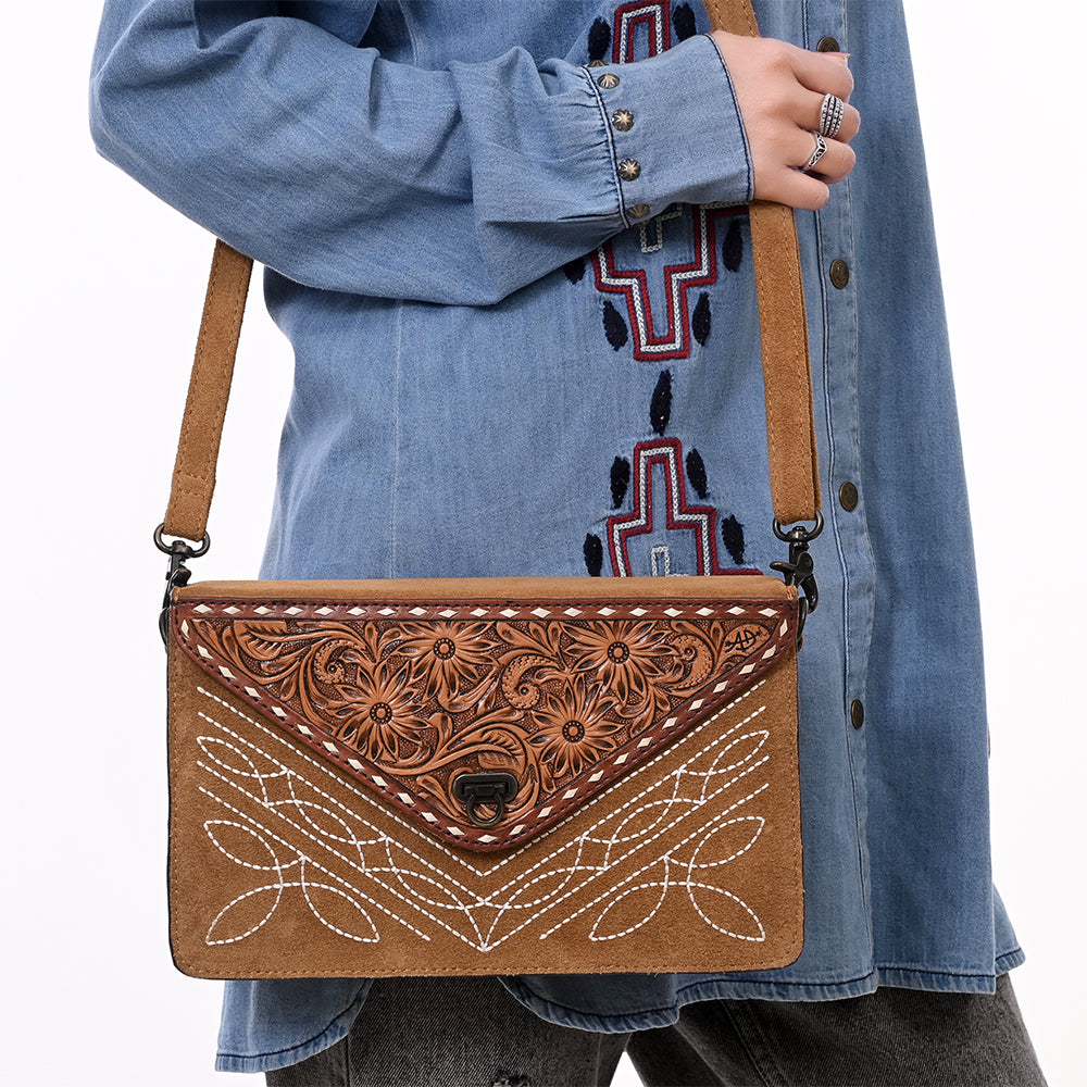 ADBG1623 Genuine suede Envelope Crossbody Bag with Floral Tooled Leather Flap & White Embroidery