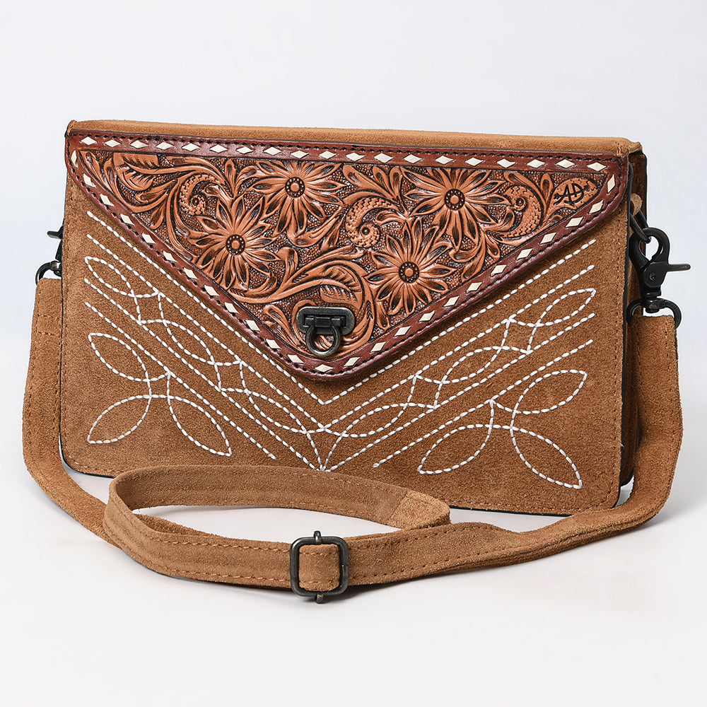 ADBG1623 Genuine suede Envelope Crossbody Bag with Floral Tooled Leather Flap & White Embroidery