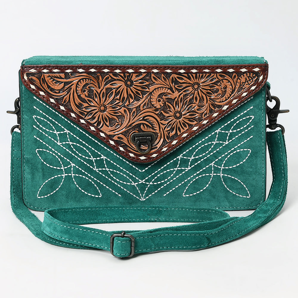 ADBG1623 Genuine suede Envelope Crossbody Bag with Floral Tooled Leather Flap & White Embroidery