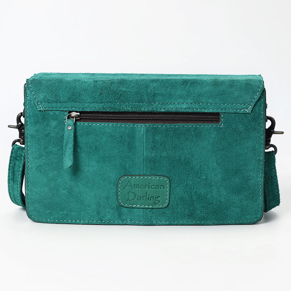 ADBG1623 Genuine suede Envelope Crossbody Bag with Floral Tooled Leather Flap & White Embroidery
