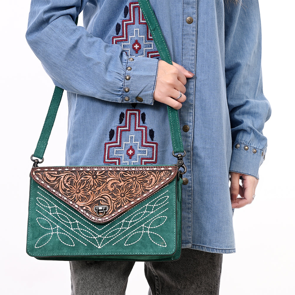 ADBG1623 Genuine suede Envelope Crossbody Bag with Floral Tooled Leather Flap & White Embroidery