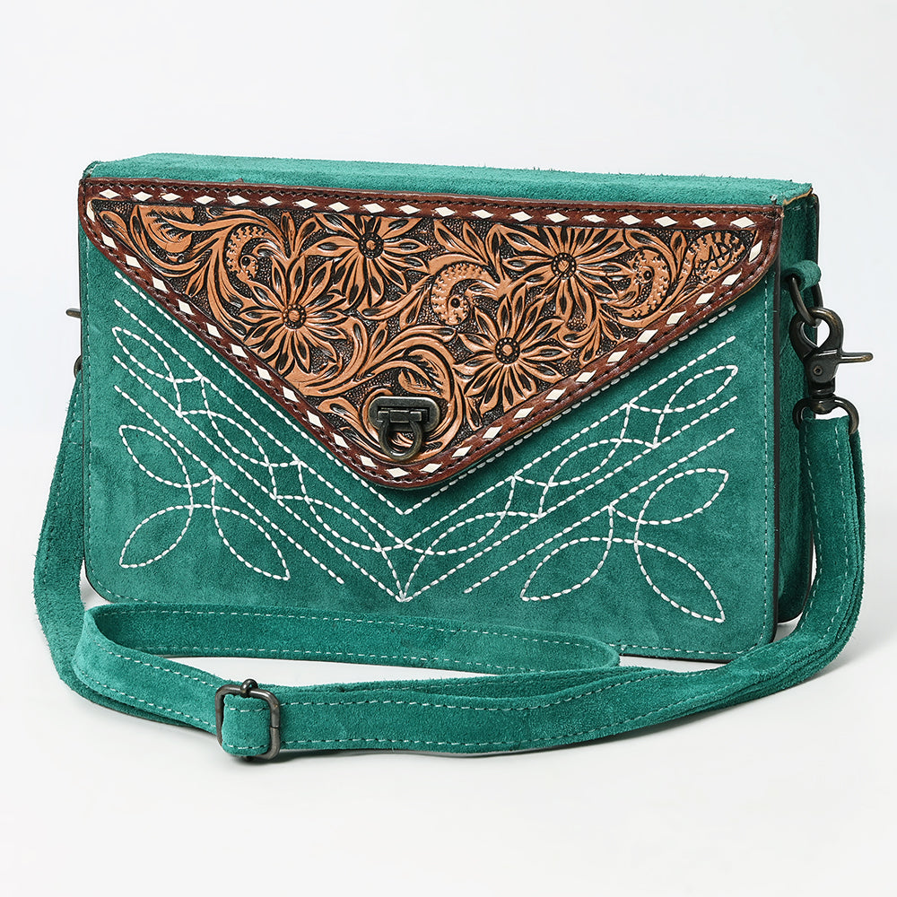 ADBG1623 Genuine suede Envelope Crossbody Bag with Floral Tooled Leather Flap & White Embroidery