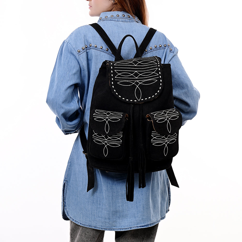 ADBG1624A Black Genuine suede Western Backpack with White Embroidery and Tassel Accents
