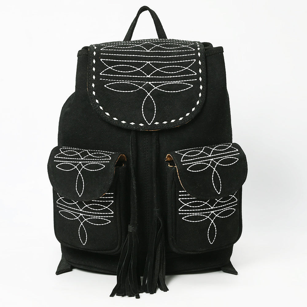 ADBG1624A Black Genuine suede Western Backpack with White Embroidery and Tassel Accents