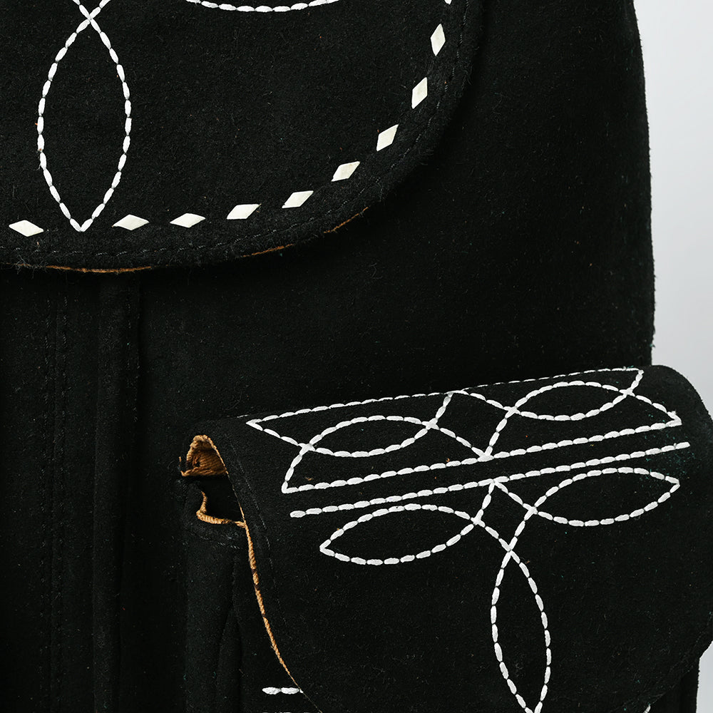 ADBG1624A Black Genuine suede Western Backpack with White Embroidery and Tassel Accents