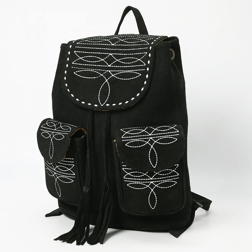 ADBG1624A Black Genuine suede Western Backpack with White Embroidery and Tassel Accents