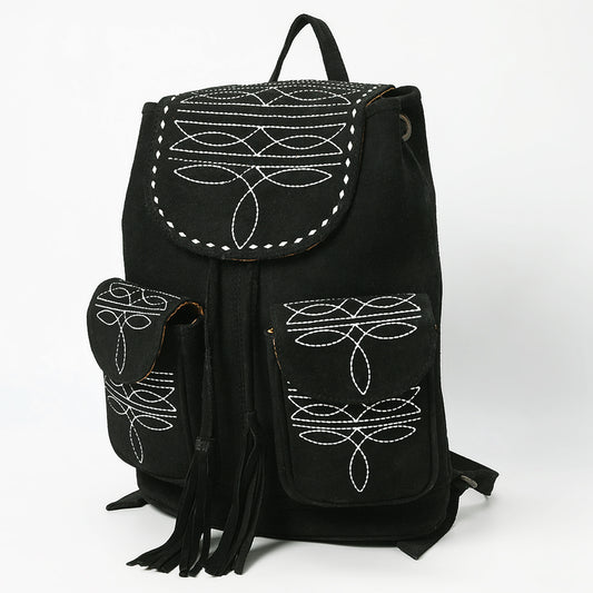 ADBG1624A Black Genuine suede Western Backpack with White Embroidery and Tassel Accents
