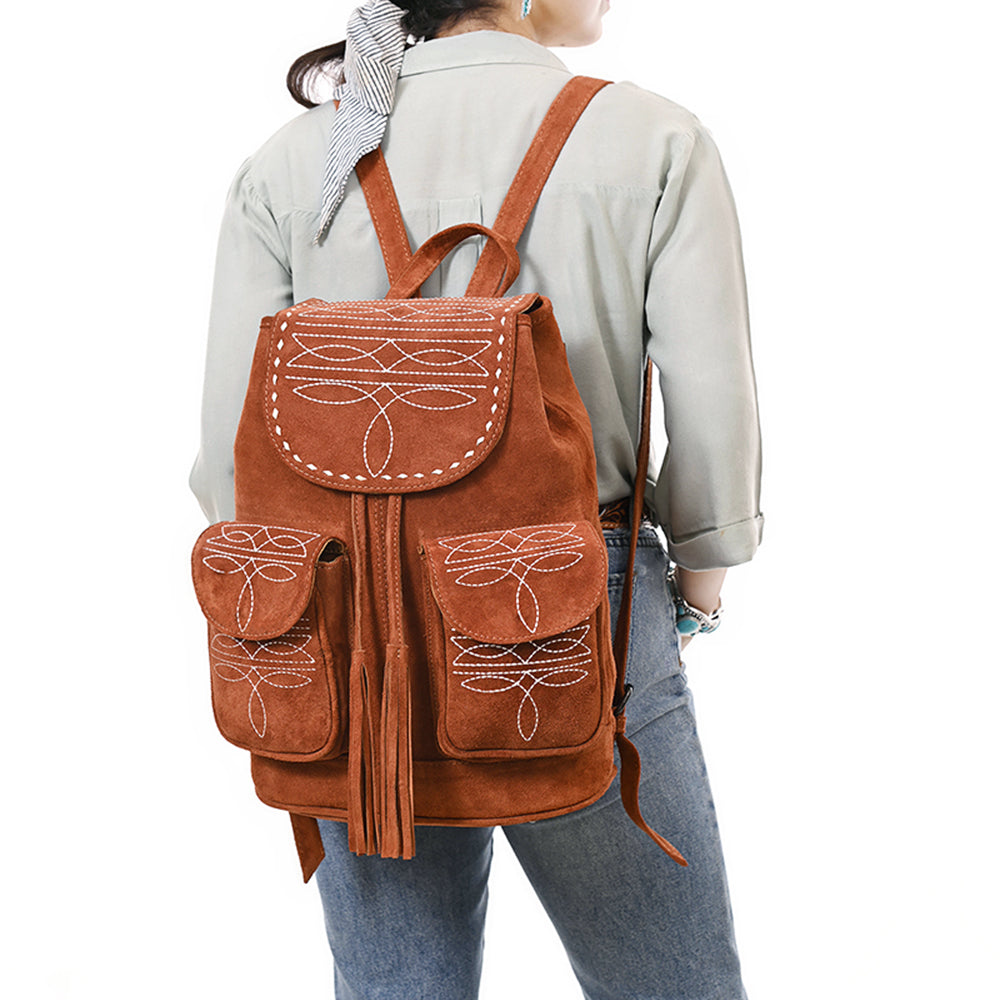 ADBG1624 Genuine suede Western Backpack with White Embroidery and Fringe Tassels