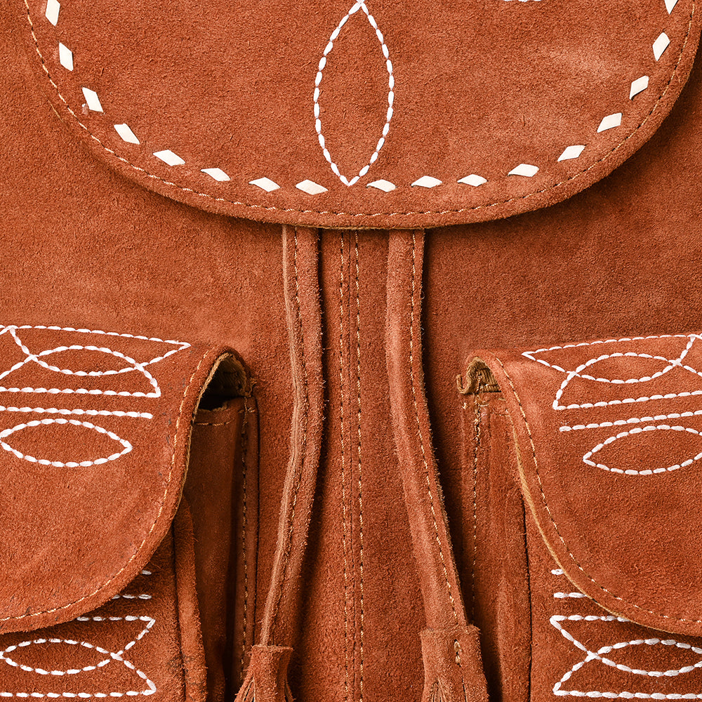 ADBG1624 Genuine suede Western Backpack with White Embroidery and Fringe Tassels