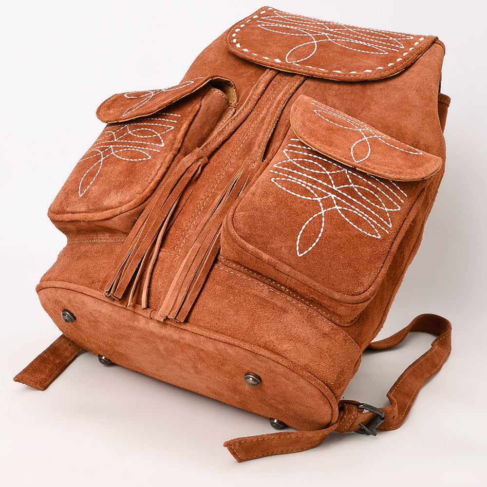 ADBG1624 Genuine suede Western Backpack with White Embroidery and Fringe Tassels