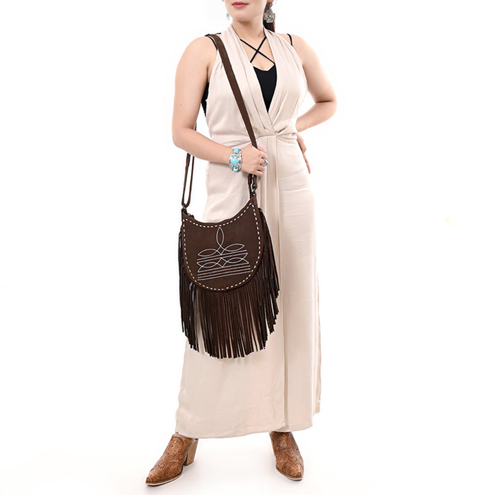 ADBG1625 Genuine suede Fringe Crossbody Bag - Western Embroidered Leather Shoulder Purse