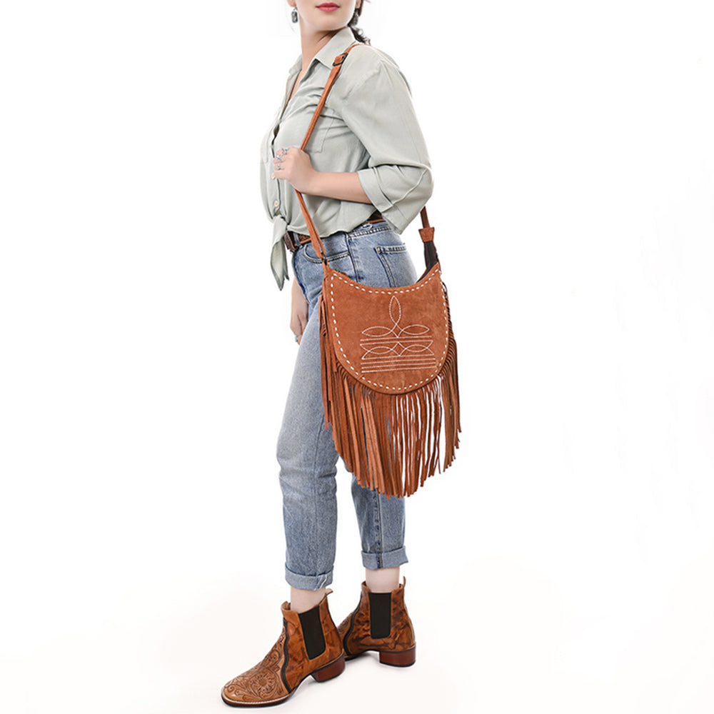 ADBG1625 Genuine suede Fringe Crossbody Bag - Western Embroidered Leather Shoulder Purse