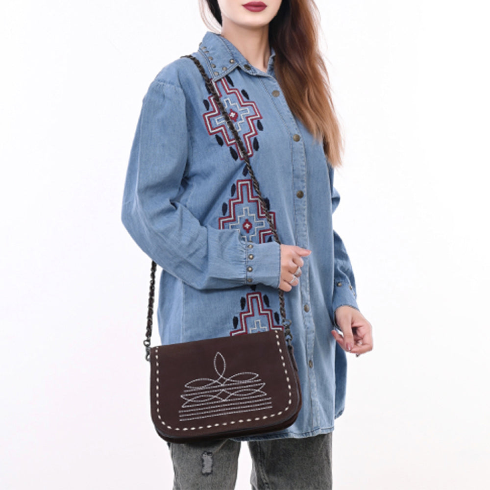 ADBG1626 Genuine suede Chain Strap Crossbody Bag with White Western Embroidery