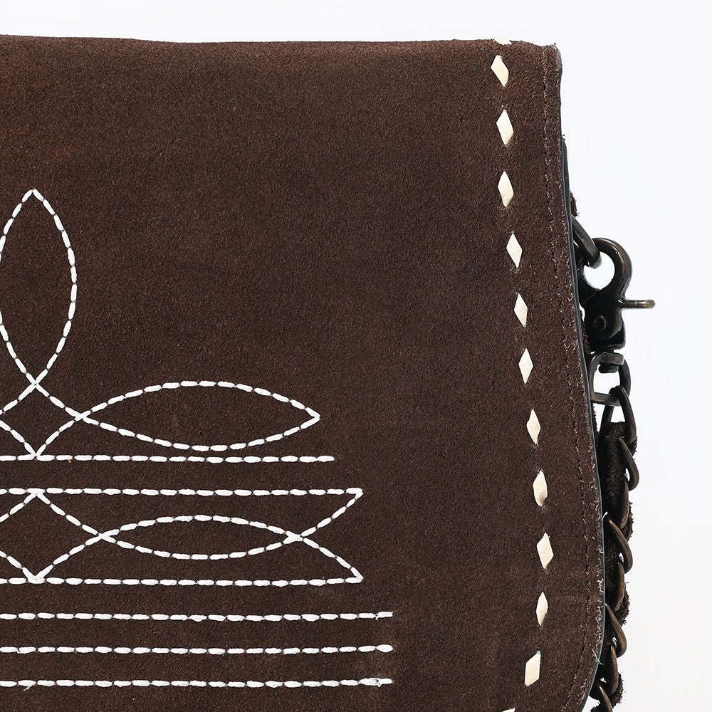 ADBG1626 Genuine suede Chain Strap Crossbody Bag with White Western Embroidery