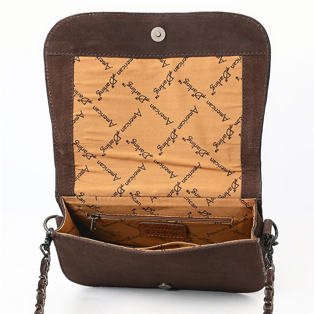 ADBG1626 American Darling Western Genuine Suede Leather Crossbody Bag with Buck Stitch & Boot-Stitched Detailing