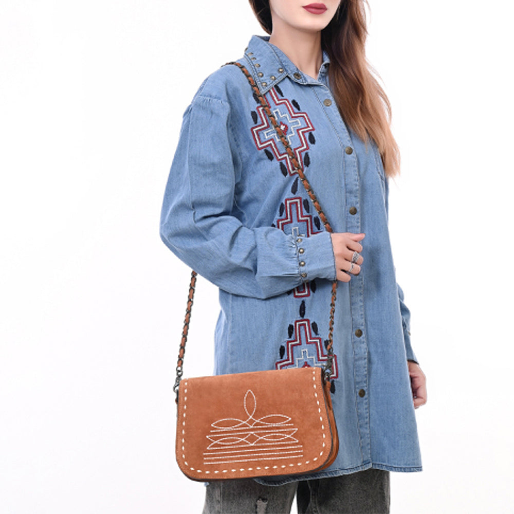 ADBG1626 American Darling Western Genuine Suede Leather Crossbody Bag with Buck Stitch & Boot-Stitched Detailing