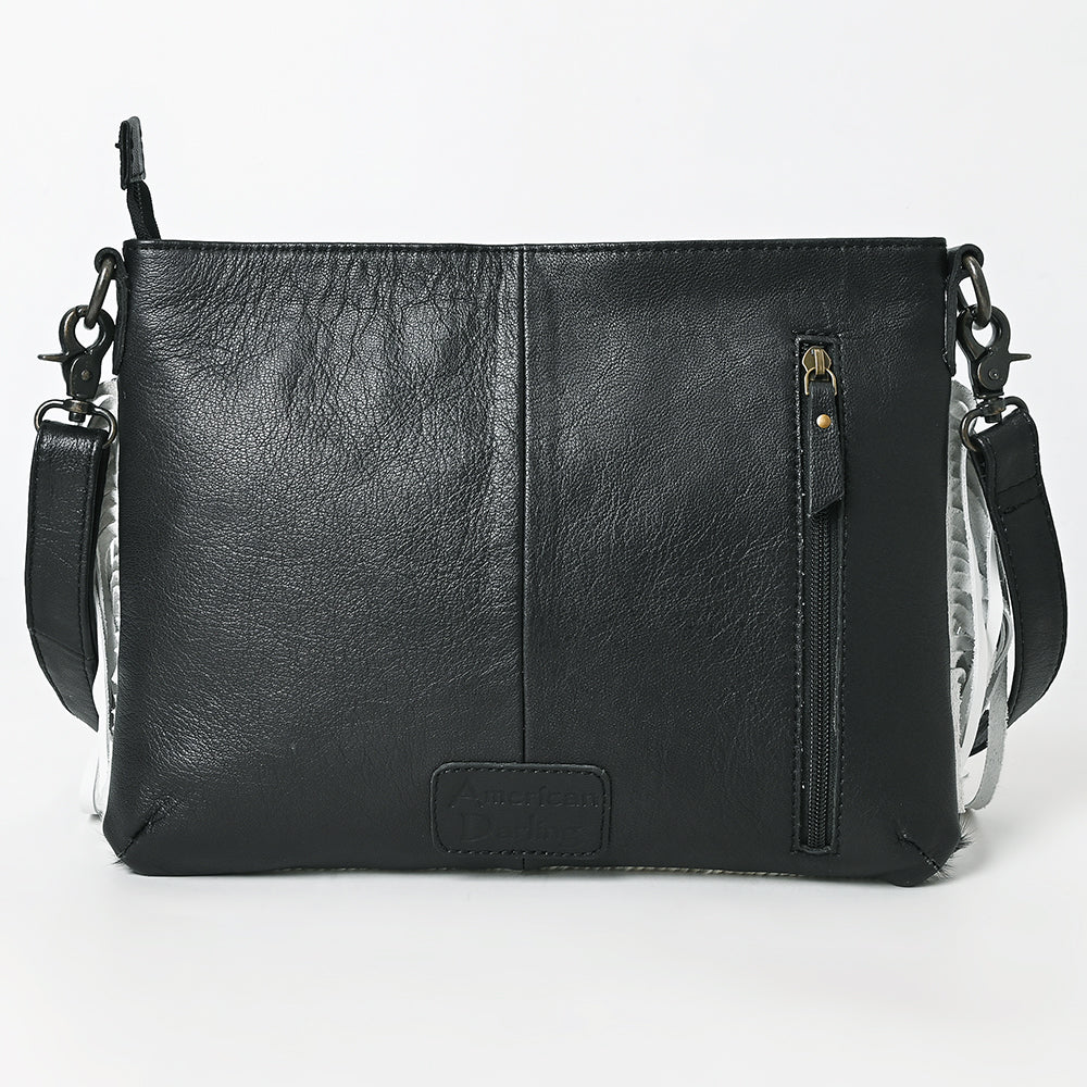 ADBG1628 Black & White Cowhide Leather Crossbody Bag with White Fringe and Arrow Stitch Detail