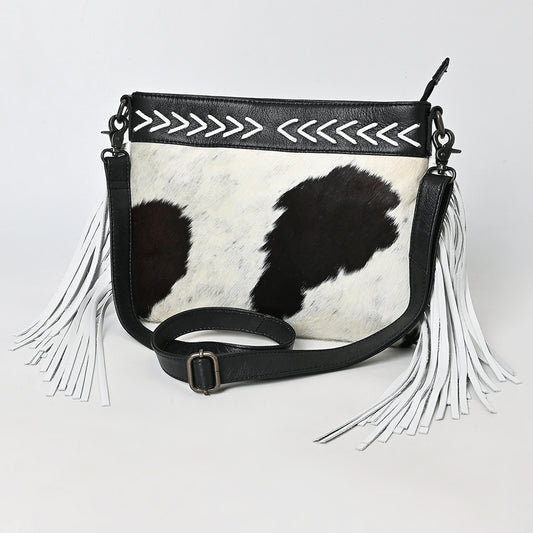 ADBG1628 Black & White Cowhide Leather Crossbody Bag with White Fringe and Arrow Stitch Detail