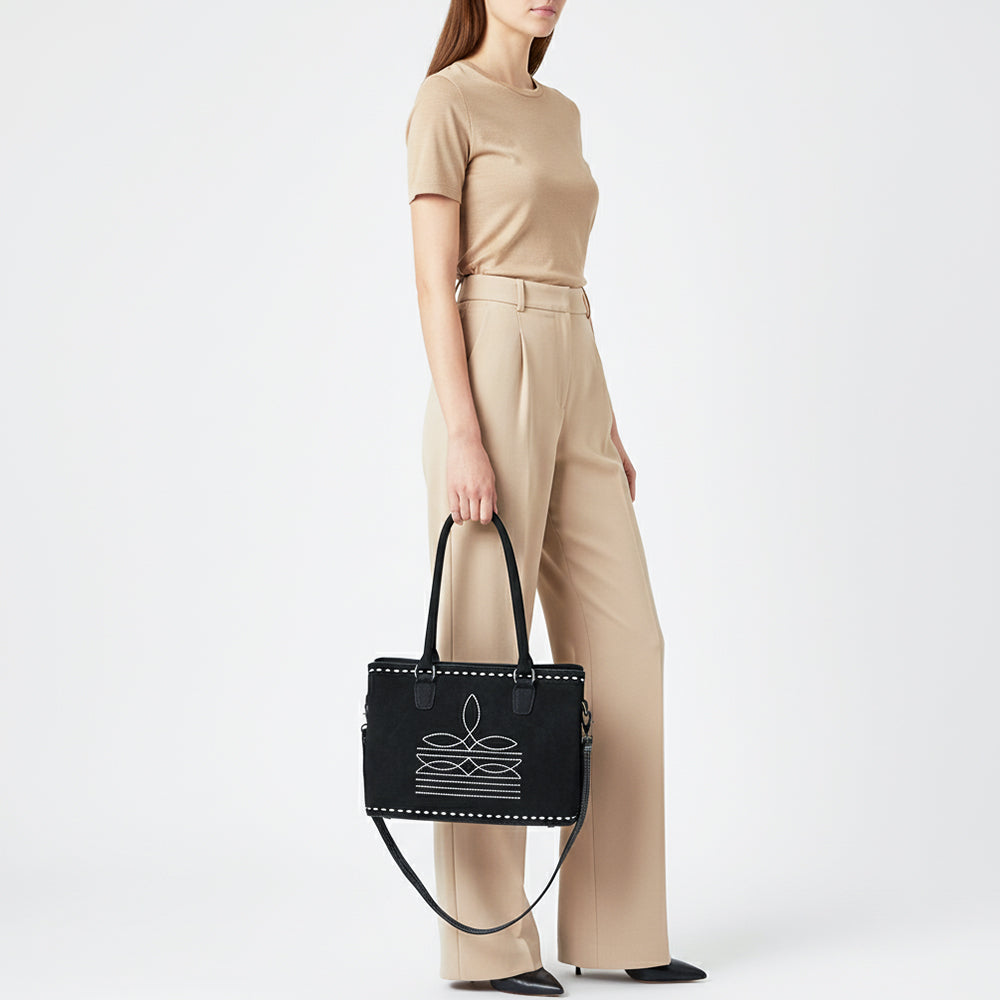 ADBG1629 Black Genuine suede Western Tote Bag with White Stitch Embroidery & Shoulder Strap