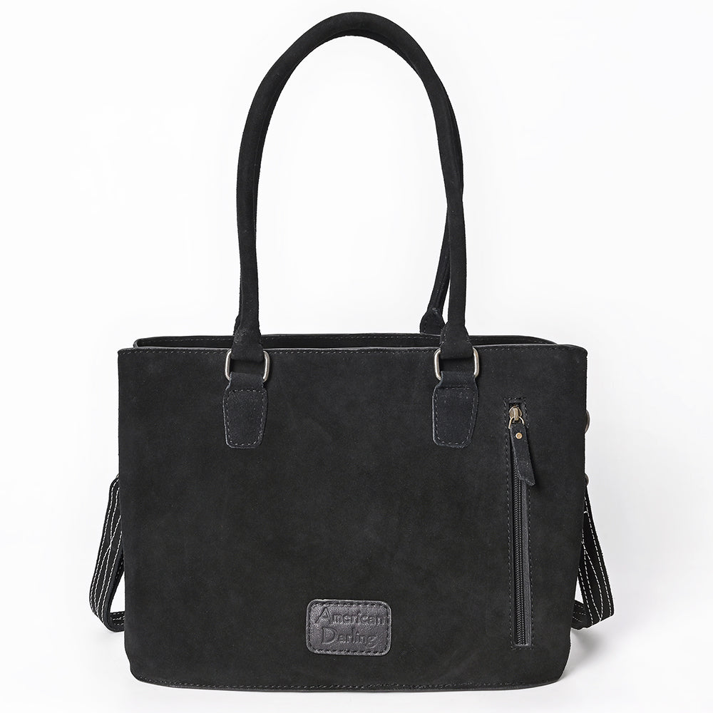 ADBG1629 Black Genuine suede Western Tote Bag with White Stitch Embroidery & Shoulder Strap
