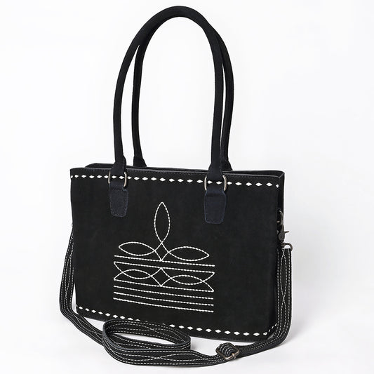 ADBG1629 Black Genuine suede Western Tote Bag with White Stitch Embroidery & Shoulder Strap