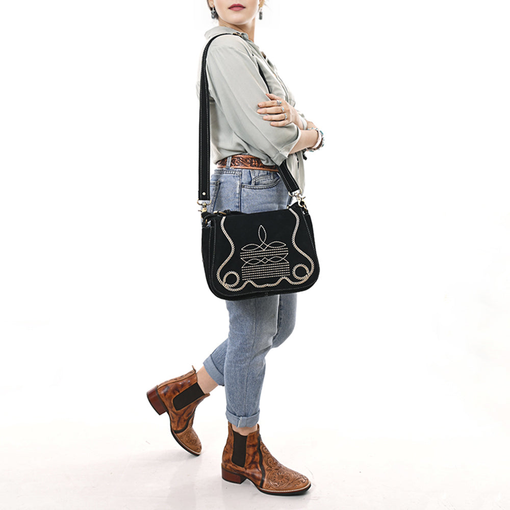 ADBGA670 Genuine suede Western Shoulder Bag with Rope Embroidery-Convertible Crossbody Purse