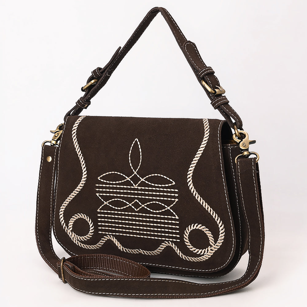 ADBGA670 Genuine suede Western Shoulder Bag with Rope Embroidery-Convertible Crossbody Purse