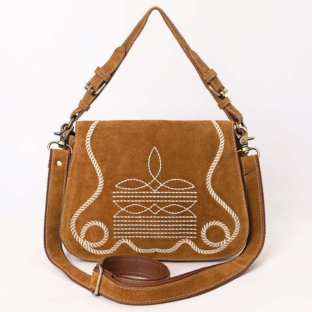 ADBGA670 Genuine suede Western Shoulder Bag with Rope Embroidery-Convertible Crossbody Purse