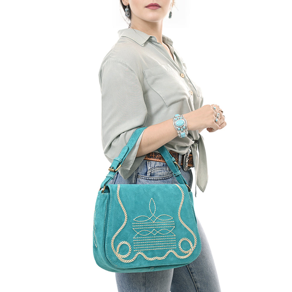 ADBGA670 Genuine suede Western Shoulder Bag with Rope Embroidery-Convertible Crossbody Purse