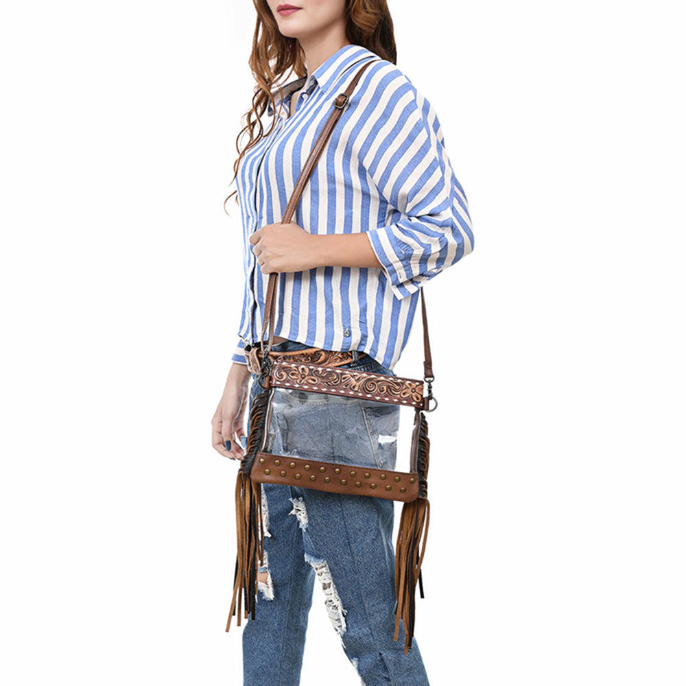 ADBG1174 American Darling Hand Tooled Leather Fringe Clear Crossbody | Western Stadium Bag