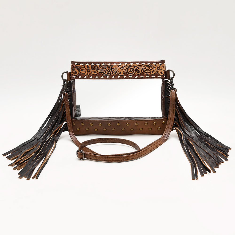 ADBG1174 American Darling Hand Tooled Leather Fringe Clear Crossbody | Western Stadium Bag
