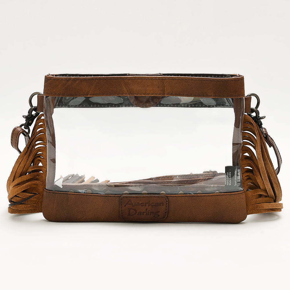 ADBG1174 American Darling Hand Tooled Leather Fringe Clear Crossbody | Western Stadium Bag