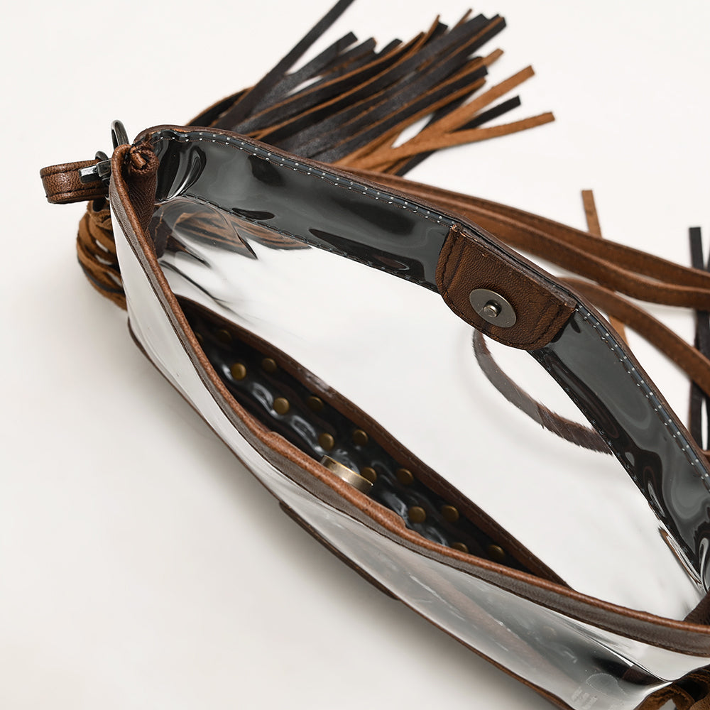 ADBG1174 American Darling Hand Tooled Leather Fringe Clear Crossbody | Western Stadium Bag