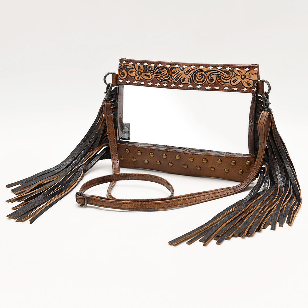 ADBG1174 American Darling Hand Tooled Leather Fringe Clear Crossbody | Western Stadium Bag