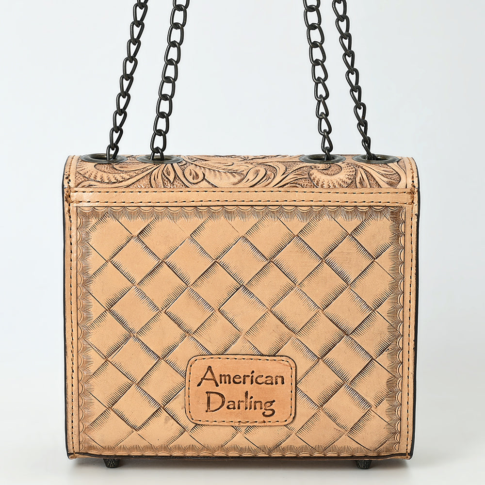 ADBG1630 Tooled Floral Leather Crossbody Bag with Antique Brass Turn Lock & Chain Strap